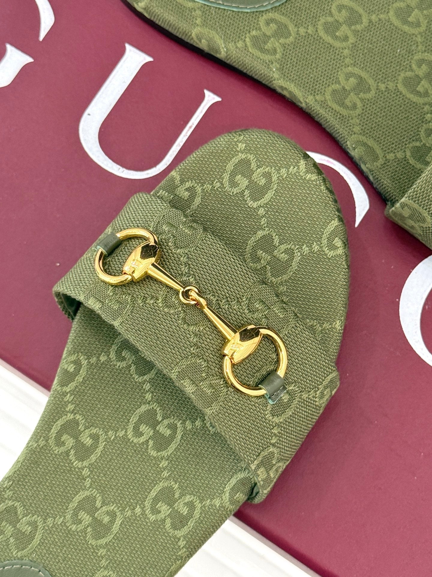 SLIDE SANDALS IN MOSS GREEN FABRIC EMBOSSED LOGO
