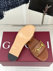 SLIDE SANDALS IN BROWN CALFSKIN WITH GOLD HARDWARE