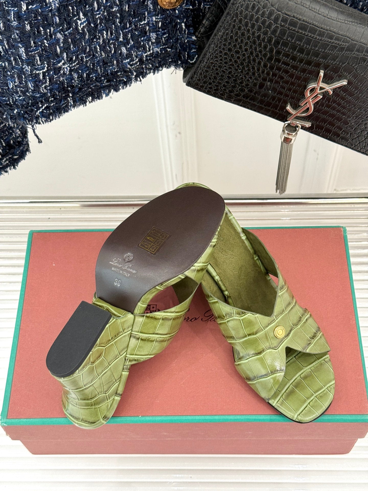 LP HIGH HEEL 25S IN MOSS GREEN LAMBSKIN SNAKE EMBOSSING