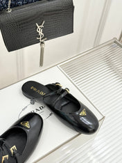PRADA 25S DUAL MARY JANE BALLERINA MULES IN BLACK CALFSKIN
