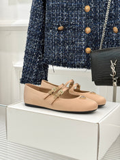 PRADA 25S DOUBLE STRAP BALLERINAS IN NUDE SATIN
