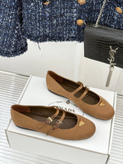 PRADA 25S DOUBLE STRAP BALLERINAS IN DARK BROWN SATIN