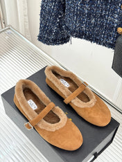 SHEARLING BALLET FLATS IN TAN BROWN SUEDE