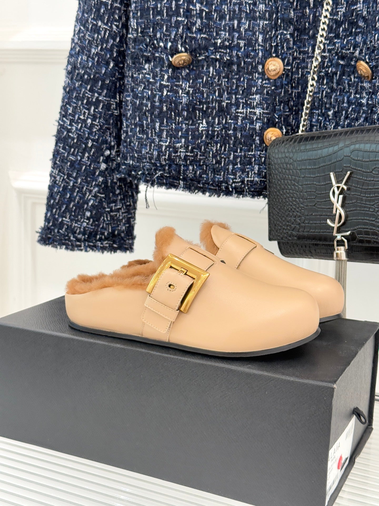 BALMAIN 26S ANTHEM MULES IN BEIGE CALFSKIN