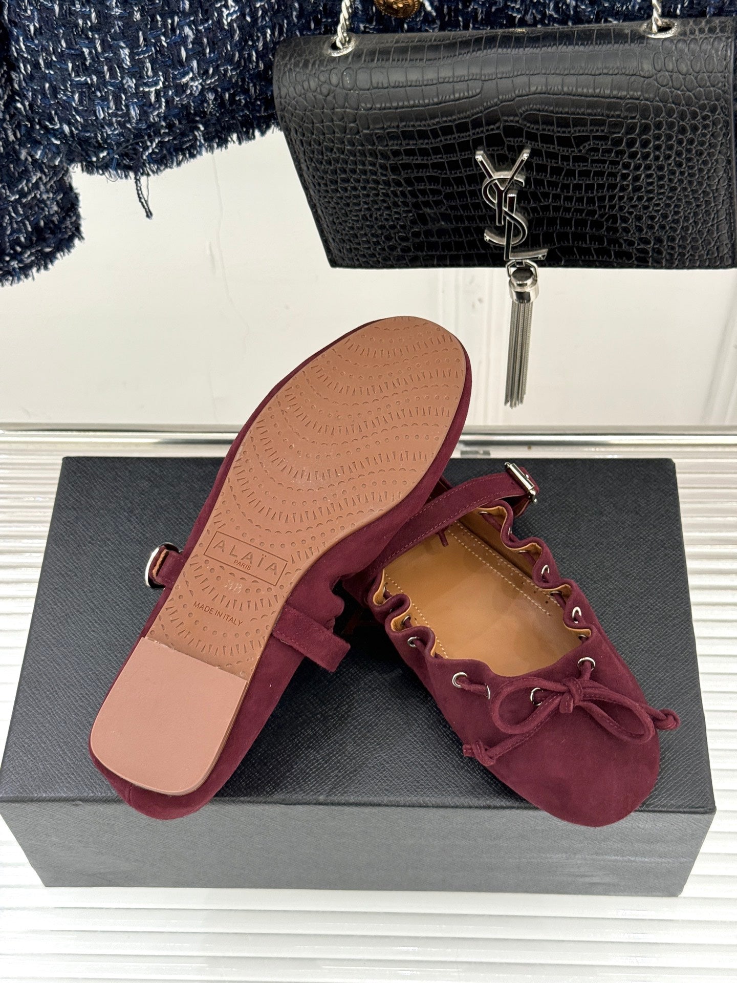 ALAIA 26S MARY JANE FLATS IN DARK RED SUEDE WITH BOW