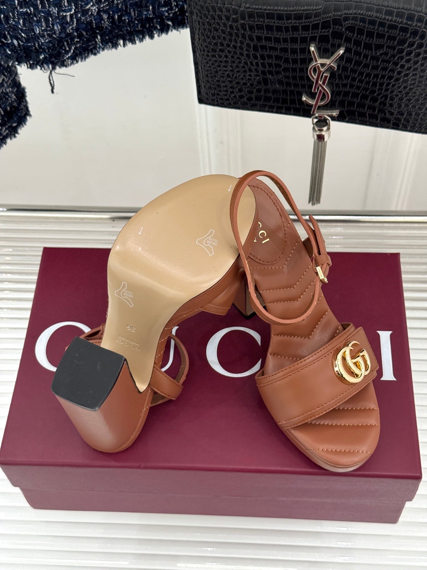 GUCCI 26S HIGH-HEELED SANDALS 120 MM IN BROWN CALFSKIN