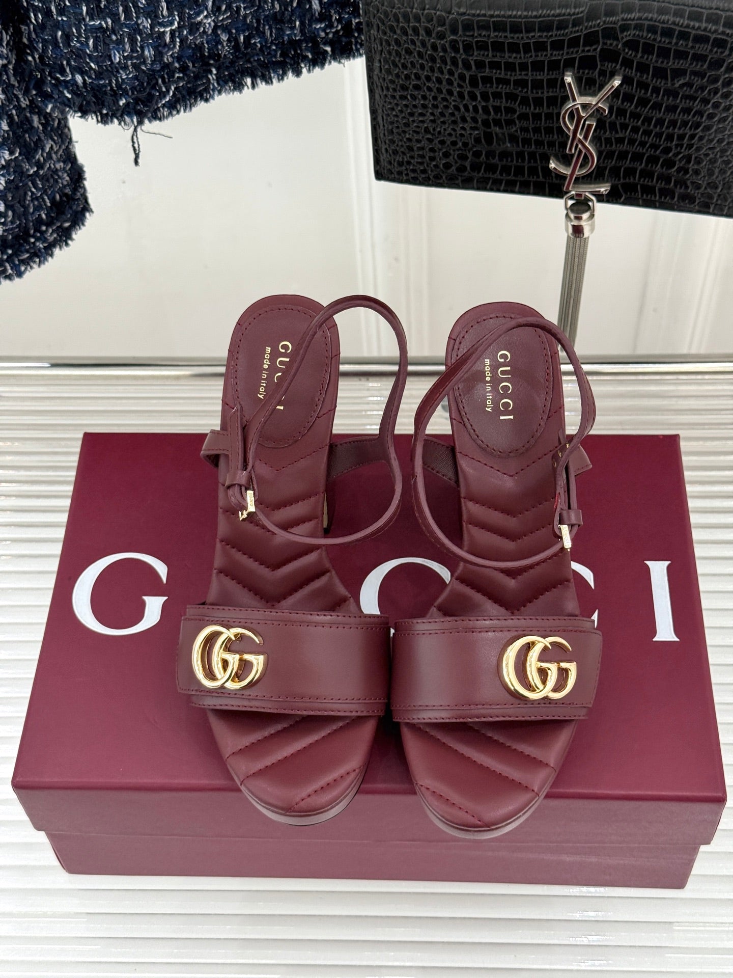 GUCCI 26S HIGH-HEELED SANDALS 120 MM IN DARK RED CALFSKIN