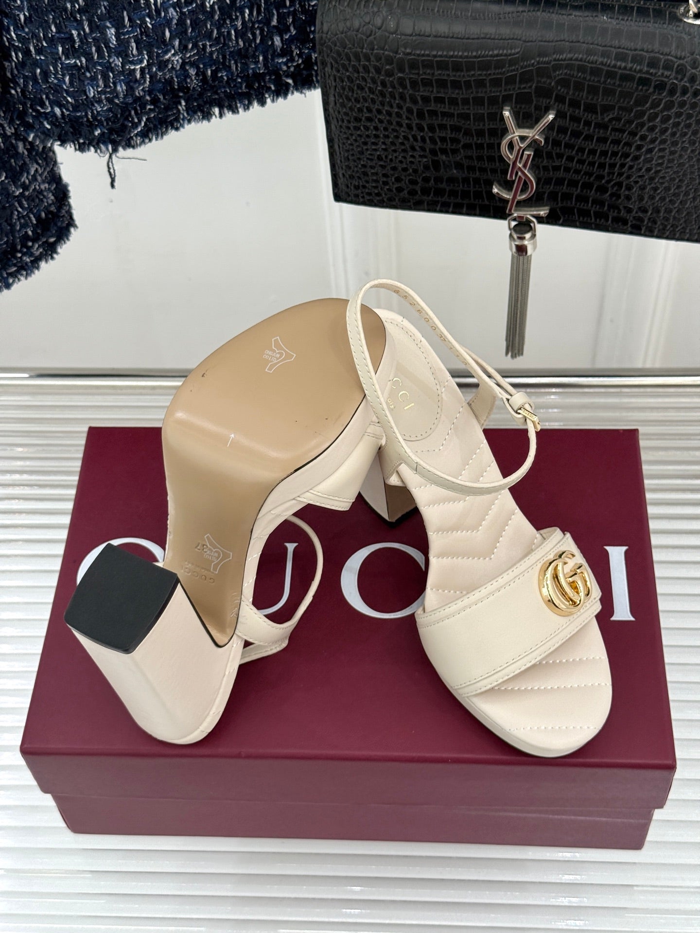 GUCCI 26S HIGH-HEELED SANDALS 120 MM IN CREAM WHITE CALFSKIN