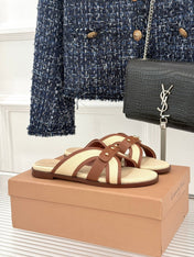 GIANVITO ROSSI 26S STUDDED FLAT SANDALS IN BEIGE CANVAS AND BROWN CALFSKIN