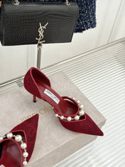 JIMMY CHOO 26S HIGH HEELS 65 MM IN DARK RED LACE PEARL-EMBELLISHED