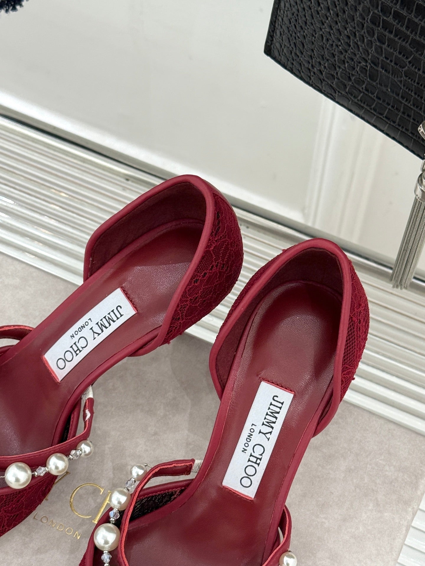 JIMMY CHOO 26S HIGH HEELS 65 MM IN DARK RED LACE PEARL-EMBELLISHED