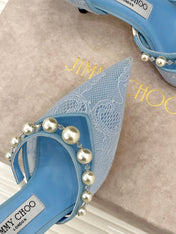 JIMMY CHOO 26S HIGH HEELS 65 MM IN SKY BLUE LACE PEARL-EMBELLISHED