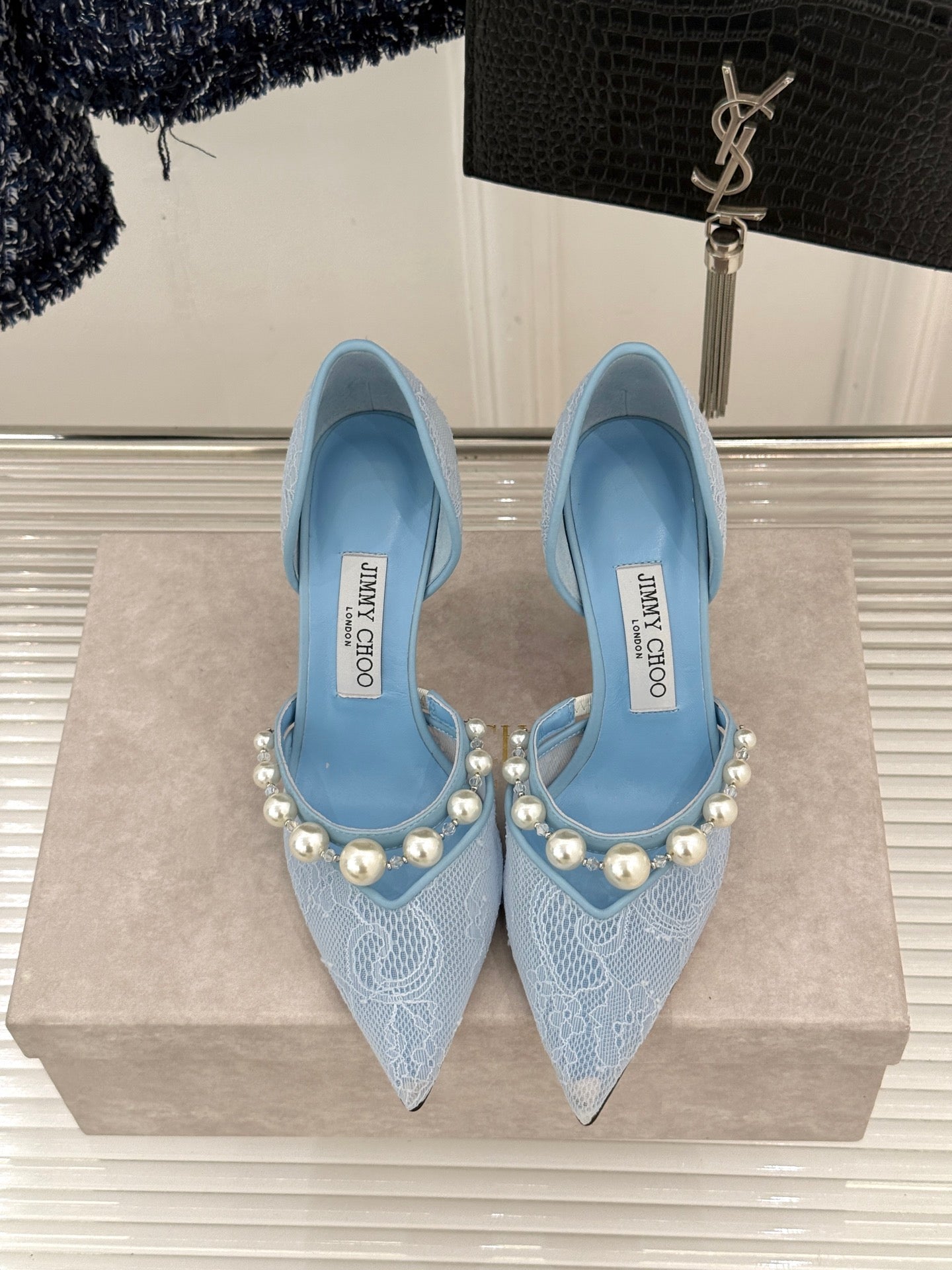 JIMMY CHOO 26S HIGH HEELS 85 MM IN SKY BLUE LACE PEARL-EMBELLISHED