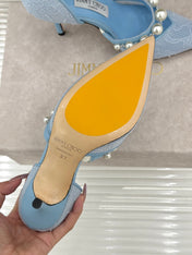 JIMMY CHOO 26S HIGH HEELS 85 MM IN SKY BLUE LACE PEARL-EMBELLISHED