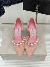 JIMMY CHOO 26S HIGH HEELS 65 MM IN LIGHT PINK LACE PEARL-EMBELLISHED