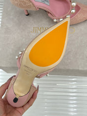 JIMMY CHOO 26S HIGH HEELS 85 MM IN LIGHT PINK LACE PEARL-EMBELLISHED