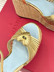 VALENTINO 26S ESPADRILLE WEDGE SANDALS 120 MM IN GOLD CALFSKIN