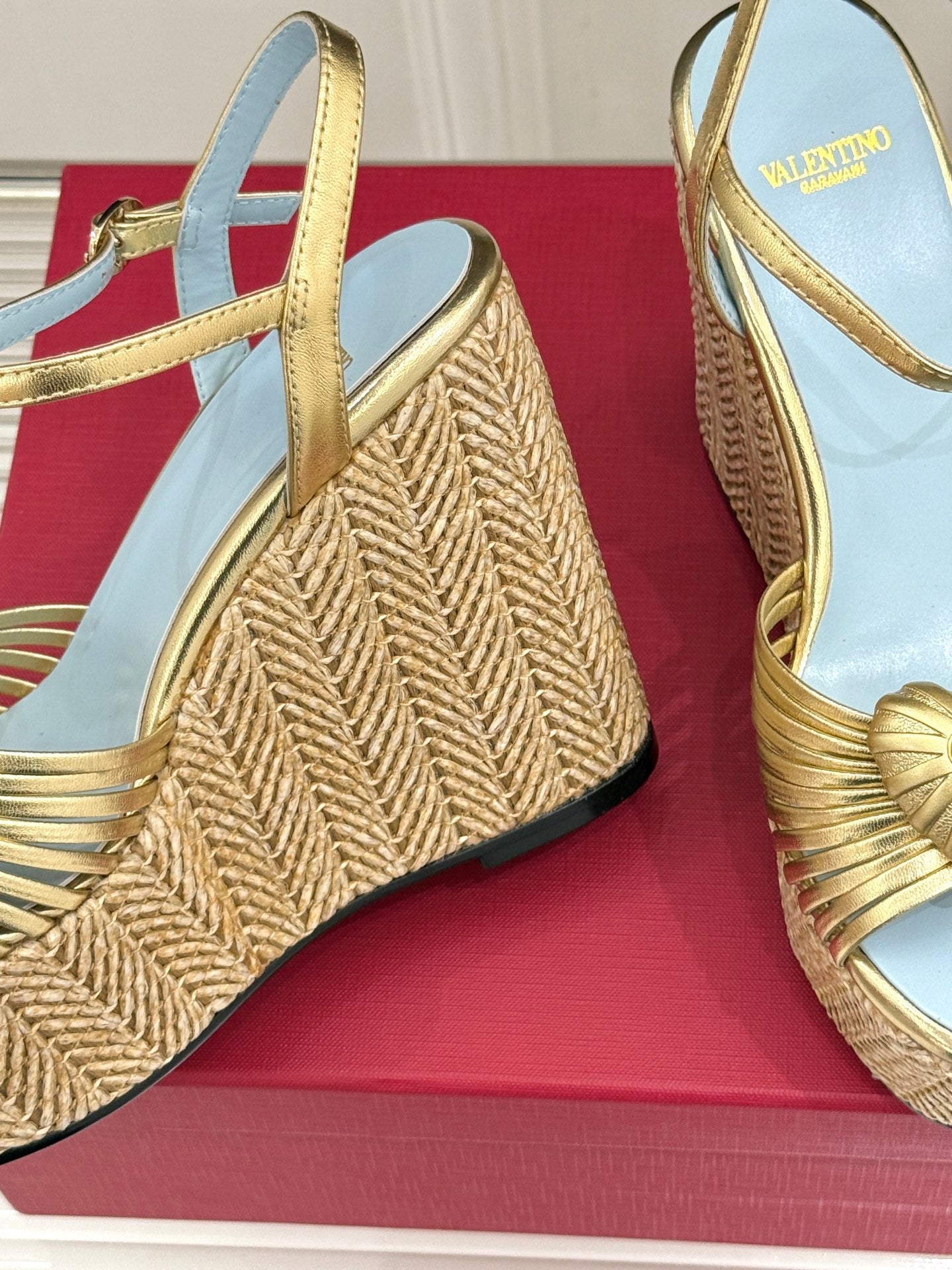 VALENTINO 26S ESPADRILLE WEDGE SANDALS 120 MM IN GOLD CALFSKIN