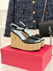 VALENTINO 26S ESPADRILLE WEDGE SANDALS 120 MM IN BLACK CALFSKIN