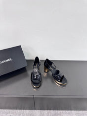 BLOCK HEEL SANDALS BLACK SHEEPSKIN
