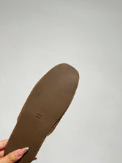 MIUMIU 26S MULE LOAFERS IN CARAMEL BROWN SUEDE LOGO