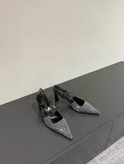 HIGH SLINGBACKS POINTED-TOE IN BLACK LAMBSKIN WITH SILVER CRYSTALS