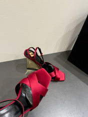 YSL STRAPPY WEDGE SANDALS 25S IN DARK RED SATIN