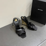 YSL STRAPPY WEDGE SANDALS 25S IN BLACK SATIN