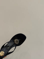 YSL HEELED THONG SANDALS 25S IN BLACK SATIN WITH CRYSTAL
