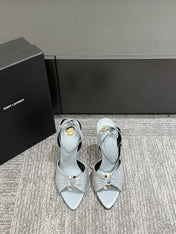 YSL HEELED SANDALS 25S 100 MM IN LIGHT SLATE BLUE LAMBSKIN