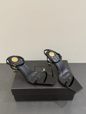 YSL KITTEN HEEL SANDALS 25S IN BLACK GLOSSY LAMBSKIN