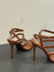 YSL SINGLE-STRAP HEELED SANDALS 25S IN BROWN LAMBSKIN
