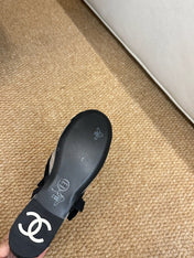CHANEL 26S MARY JANE FLATS IN BLACK AND GREY MESH RIBBON STRAP CAP TOE