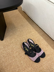 CHANEL 26S MARY JANE FLATS IN PINK AND BLACK MESH RIBBON STRAP CAP TOE