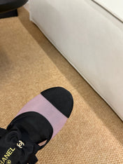 CHANEL 26S MARY JANE FLATS IN PINK AND BLACK MESH RIBBON STRAP CAP TOE