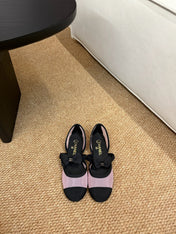 CHANEL 26S MARY JANE FLATS IN PINK AND BLACK MESH RIBBON STRAP CAP TOE