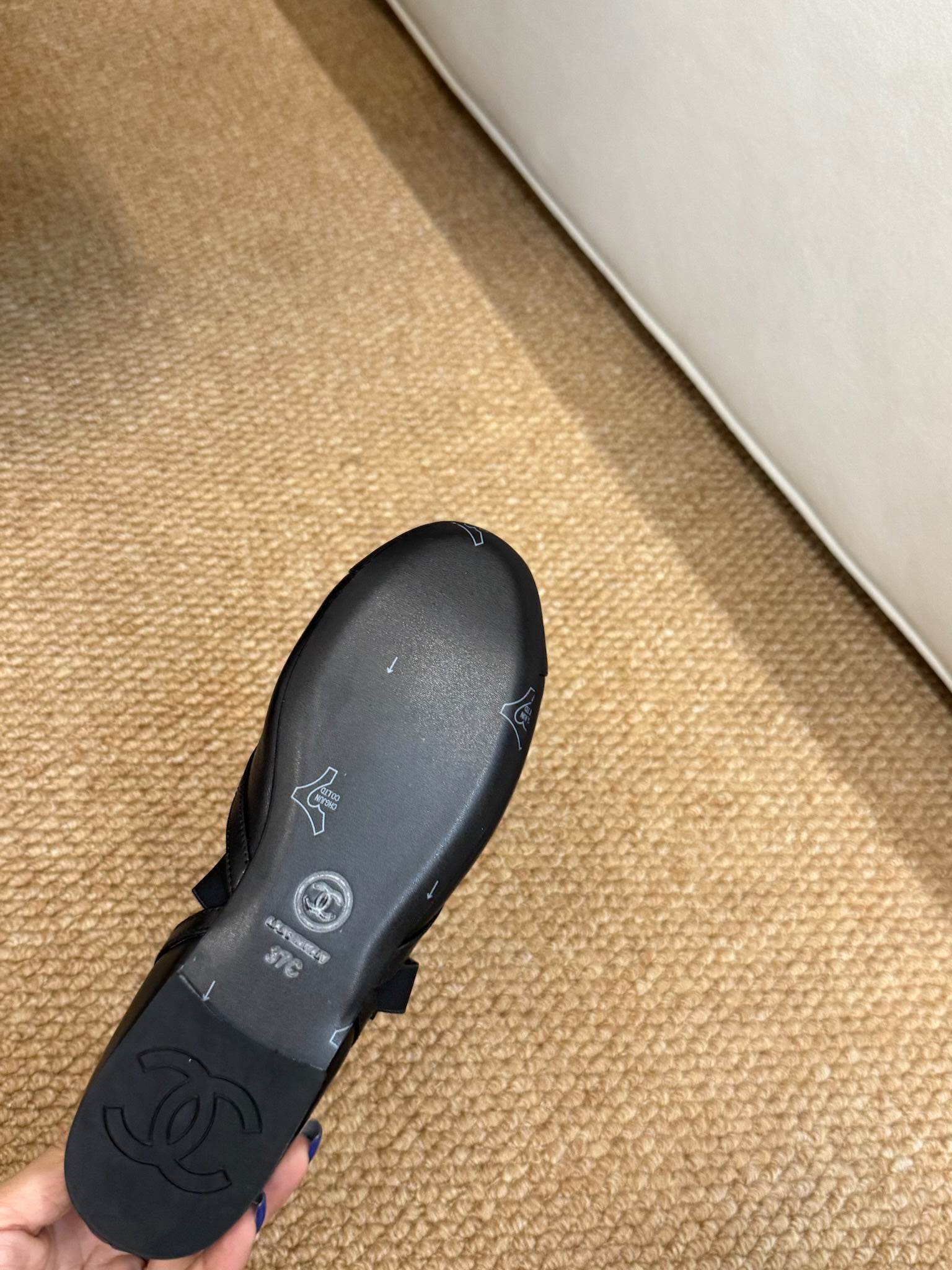 CHANEL 26S MARY JANE SLINGBACK FLATS IN BLACK CALFSKIN CAP TOE RIBBON STRAP