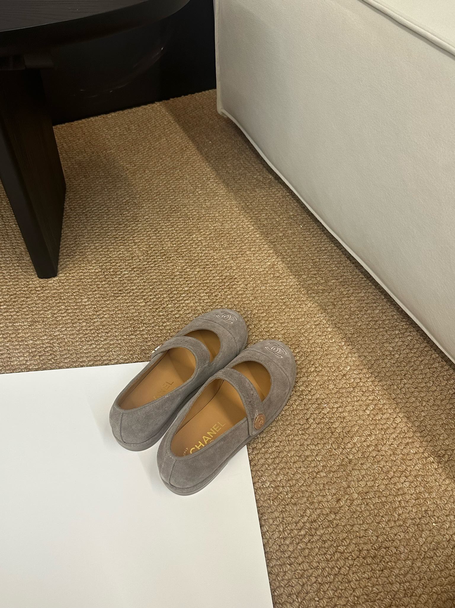 CHANEL 26S MARY JANE FLATS IN TAUPE  BROWN SUEDE CC LOGO