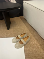 CHANEL 26S MARY JANE FLATS IN BEIGE SUEDE CC LOGO
