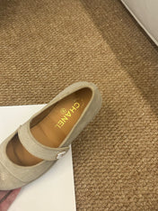 CHANEL 26S MARY JANE FLATS IN BEIGE SUEDE CC LOGO