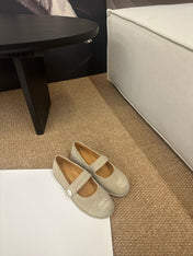 CHANEL 26S MARY JANE FLATS IN BEIGE SUEDE CC LOGO