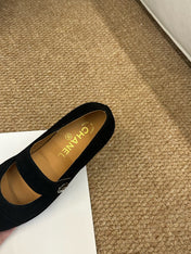 CHANEL 26S MARY JANE FLATS IN BLACK SUEDE CC LOGO