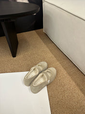 CHANEL 26S MARY JANE FLATS IN BEIGE SUEDE SHEARLING LINING CC LOGO