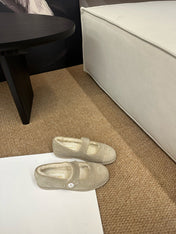 CHANEL 26S MARY JANE FLATS IN BEIGE SUEDE SHEARLING LINING CC LOGO