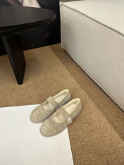 CHANEL 26S MARY JANE FLATS IN BEIGE SUEDE SHEARLING LINING CC LOGO