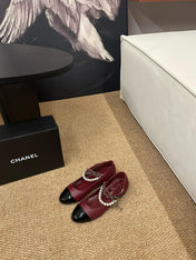 CHANEL 26S MARY JANE PEARL STRAP FLATS IN BURGUNDY RED CALFSKIN