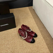 CHANEL 26S MARY JANE PEARL STRAP HIGH HEELS IN BURGUNDY RED CALFSKIN
