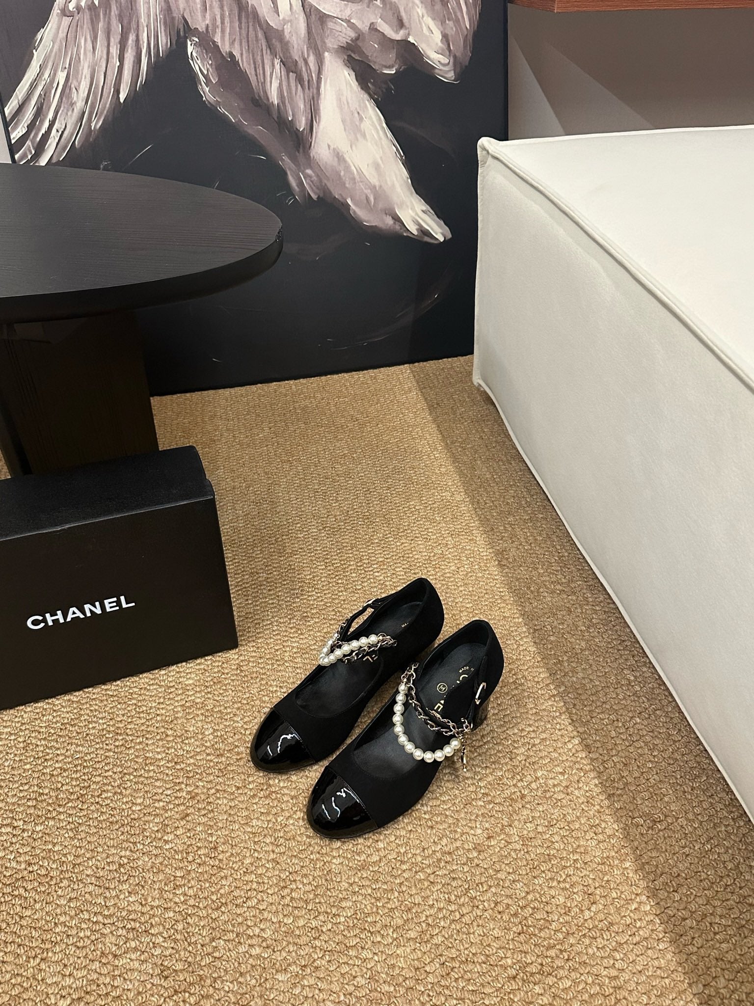 CHANEL 26S MARY JANE PEARL STRAP HIGH HEELS IN BLACK CALFSKIN