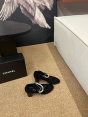 CHANEL 26S MARY JANE PEARL STRAP HIGH HEELS IN BLACK CALFSKIN