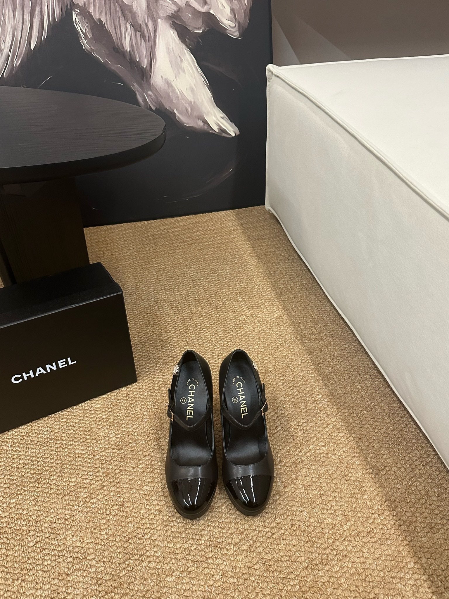 CHANEL 26S MARY JANE HEELS IN BLACK CALFSKIN CAP TOE